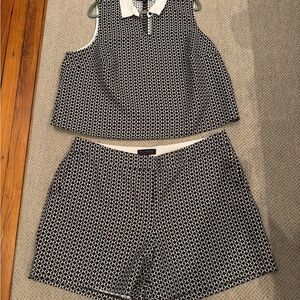 Black and White Geometric Sleeveless Top and Shorts Set